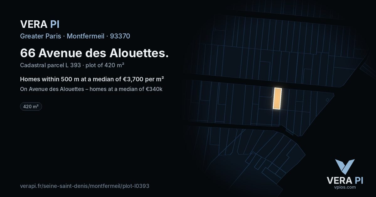 66 Avenue des Alouettes, Montfermeil at night – the plot lit, the parcels around coloured by the prices near them