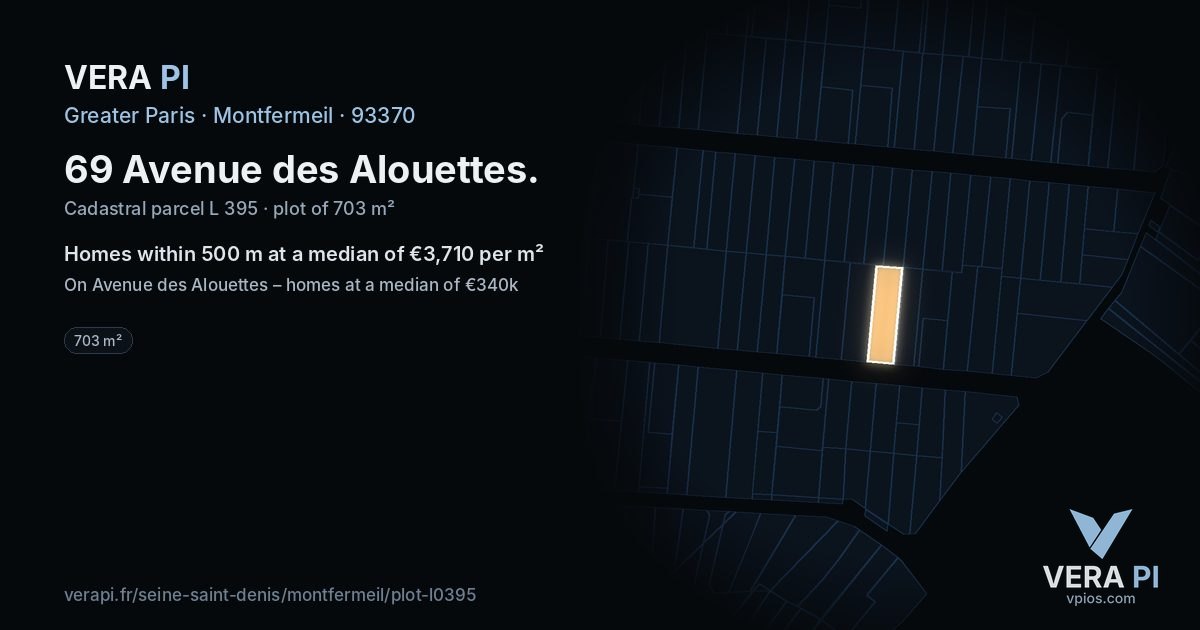 69 Avenue des Alouettes, Montfermeil at night – the plot lit, the parcels around coloured by the prices near them