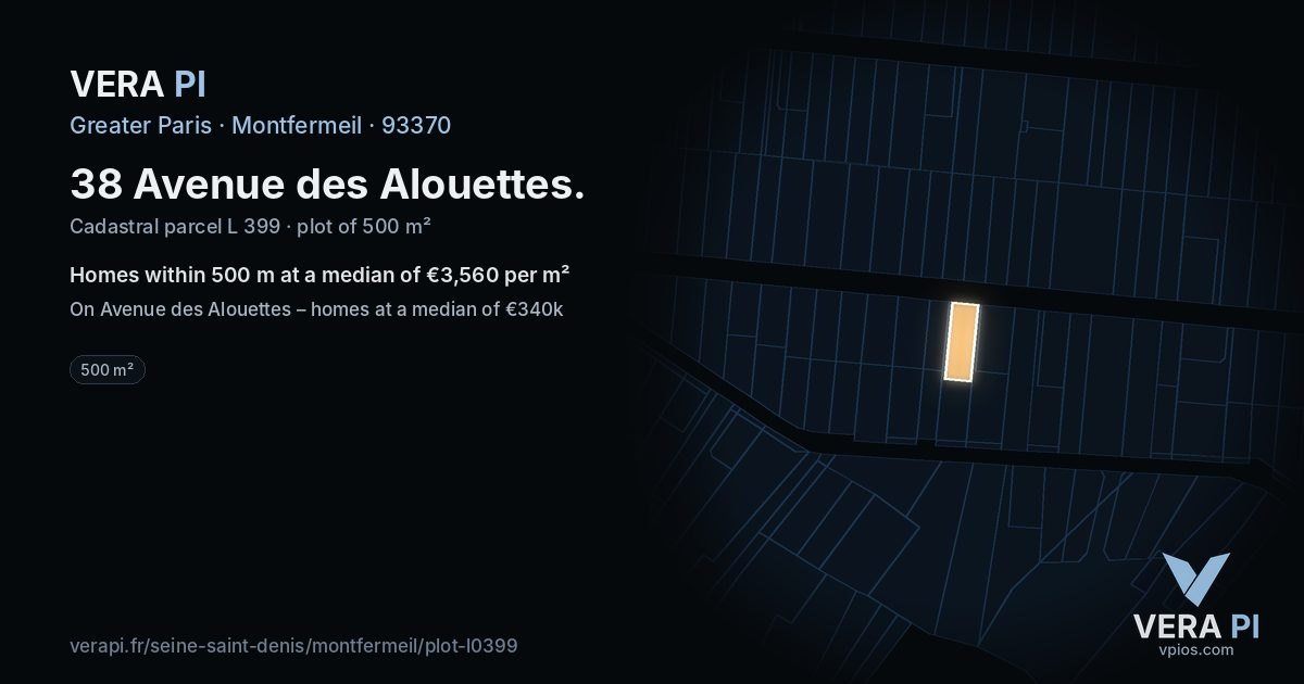 38 Avenue des Alouettes, Montfermeil at night – the plot lit, the parcels around coloured by the prices near them