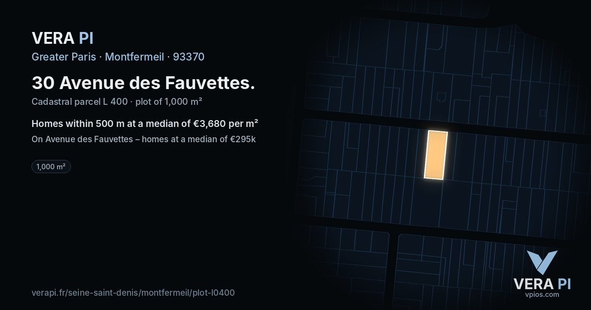 30 Avenue des Fauvettes, Montfermeil at night – the plot lit, the parcels around coloured by the prices near them