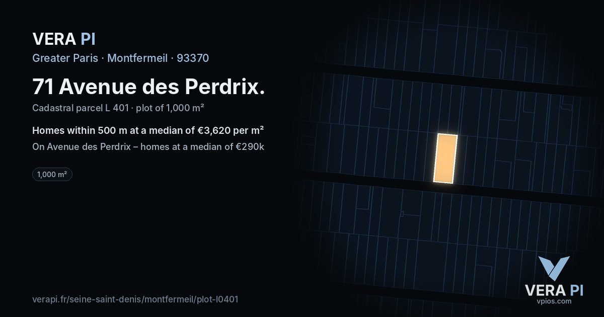 71 Avenue des Perdrix, Montfermeil at night – the plot lit, the parcels around coloured by the prices near them