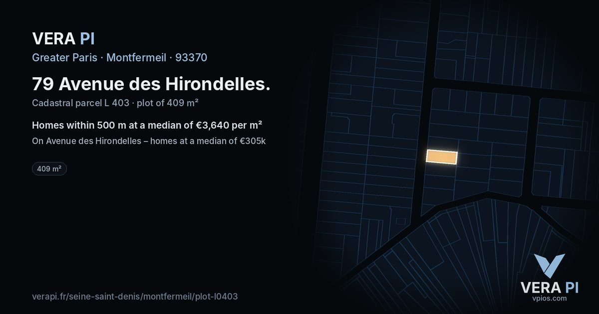 79 Avenue des Hirondelles, Montfermeil at night – the plot lit, the parcels around coloured by the prices near them