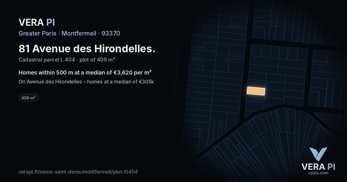 81 Avenue des Hirondelles, Montfermeil at night – the plot lit, the parcels around coloured by the prices near them