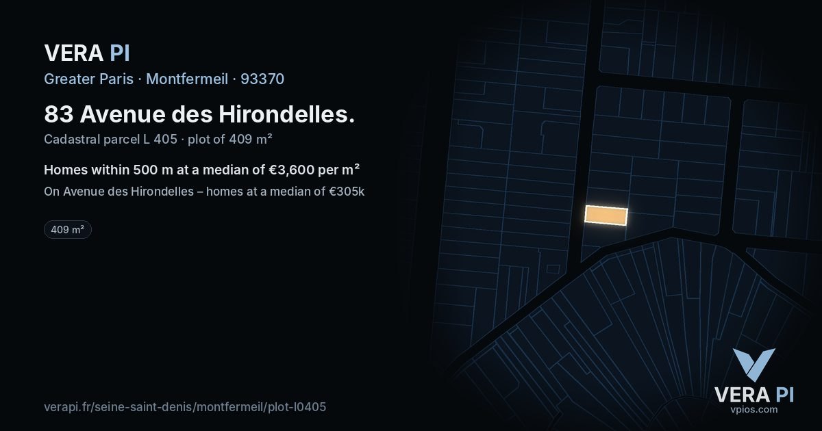 83 Avenue des Hirondelles, Montfermeil at night – the plot lit, the parcels around coloured by the prices near them