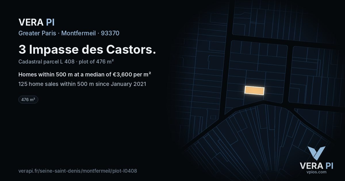 3 Impasse des Castors, Montfermeil at night – the plot lit, the parcels around coloured by the prices near them