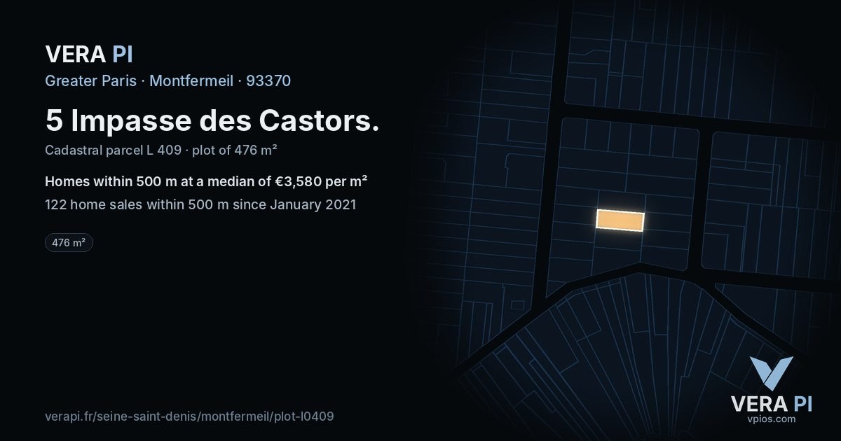 5 Impasse des Castors, Montfermeil at night – the plot lit, the parcels around coloured by the prices near them