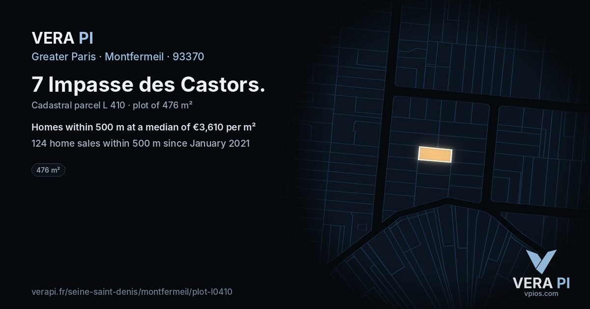 7 Impasse des Castors, Montfermeil at night – the plot lit, the parcels around coloured by the prices near them