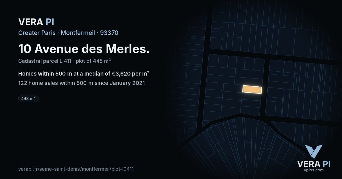 10 Avenue des Merles, Montfermeil at night – the plot lit, the parcels around coloured by the prices near them