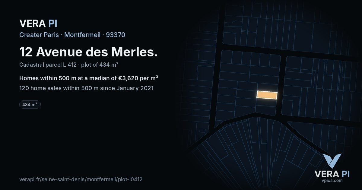12 Avenue des Merles, Montfermeil at night – the plot lit, the parcels around coloured by the prices near them