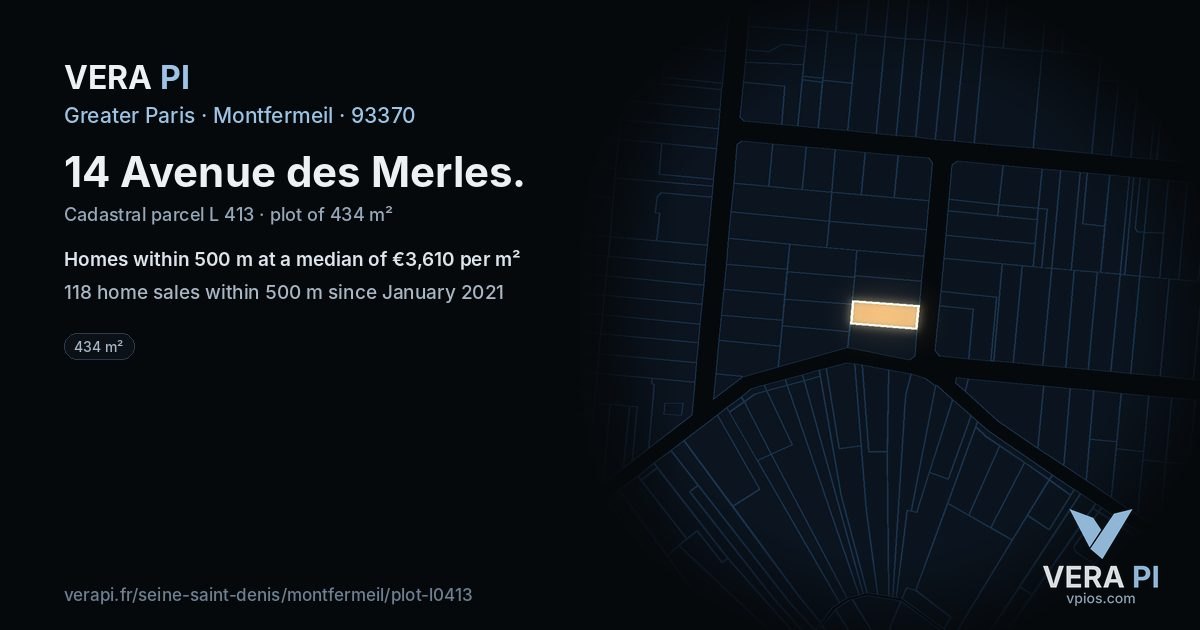 14 Avenue des Merles, Montfermeil at night – the plot lit, the parcels around coloured by the prices near them