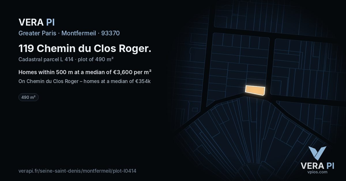 119 Chemin du Clos Roger, Montfermeil at night – the plot lit, the parcels around coloured by the prices near them