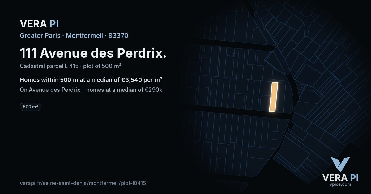 111 Avenue des Perdrix, Montfermeil at night – the plot lit, the parcels around coloured by the prices near them