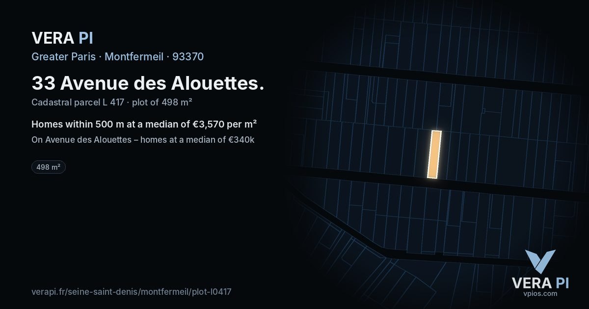 33 Avenue des Alouettes, Montfermeil at night – the plot lit, the parcels around coloured by the prices near them