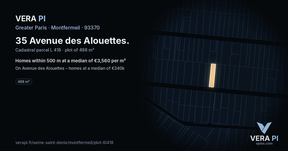 35 Avenue des Alouettes, Montfermeil at night – the plot lit, the parcels around coloured by the prices near them