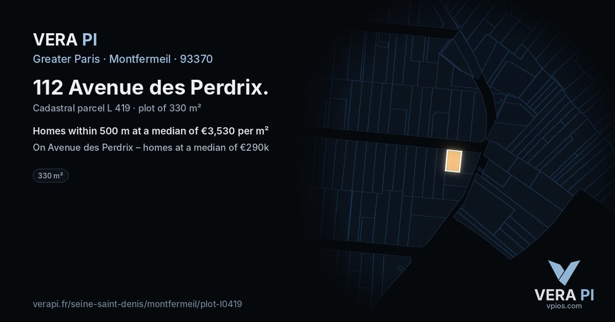 112 Avenue des Perdrix, Montfermeil at night – the plot lit, the parcels around coloured by the prices near them