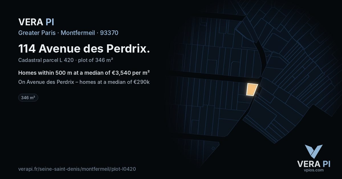 114 Avenue des Perdrix, Montfermeil at night – the plot lit, the parcels around coloured by the prices near them