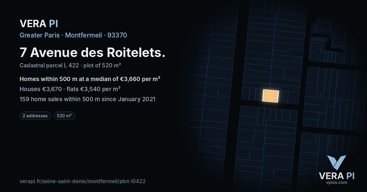 7 Avenue des Roitelets, Montfermeil at night – the plot lit, the parcels around coloured by the prices near them