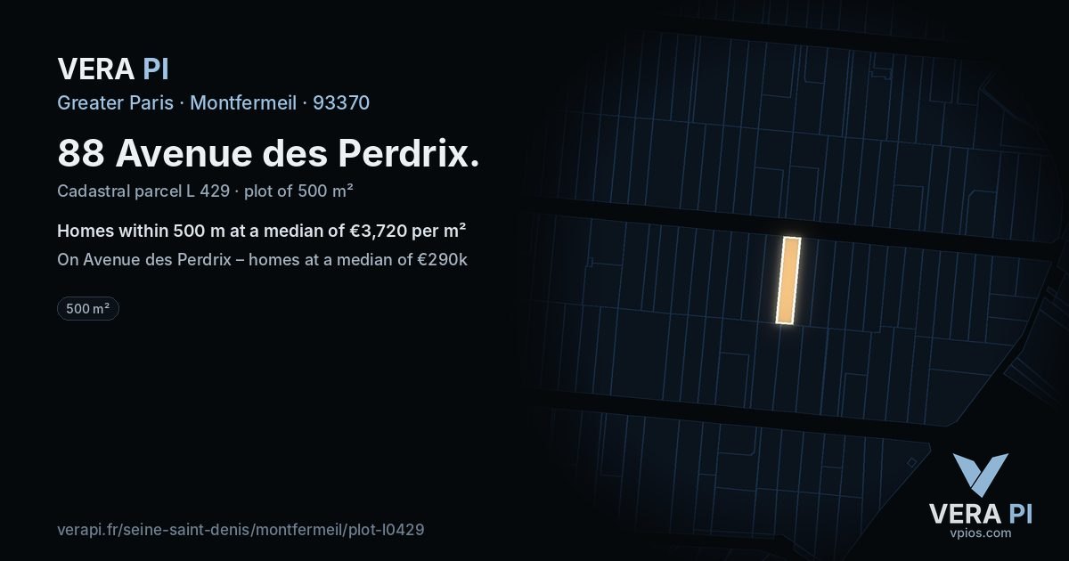 88 Avenue des Perdrix, Montfermeil at night – the plot lit, the parcels around coloured by the prices near them