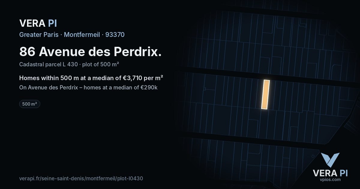 86 Avenue des Perdrix, Montfermeil at night – the plot lit, the parcels around coloured by the prices near them