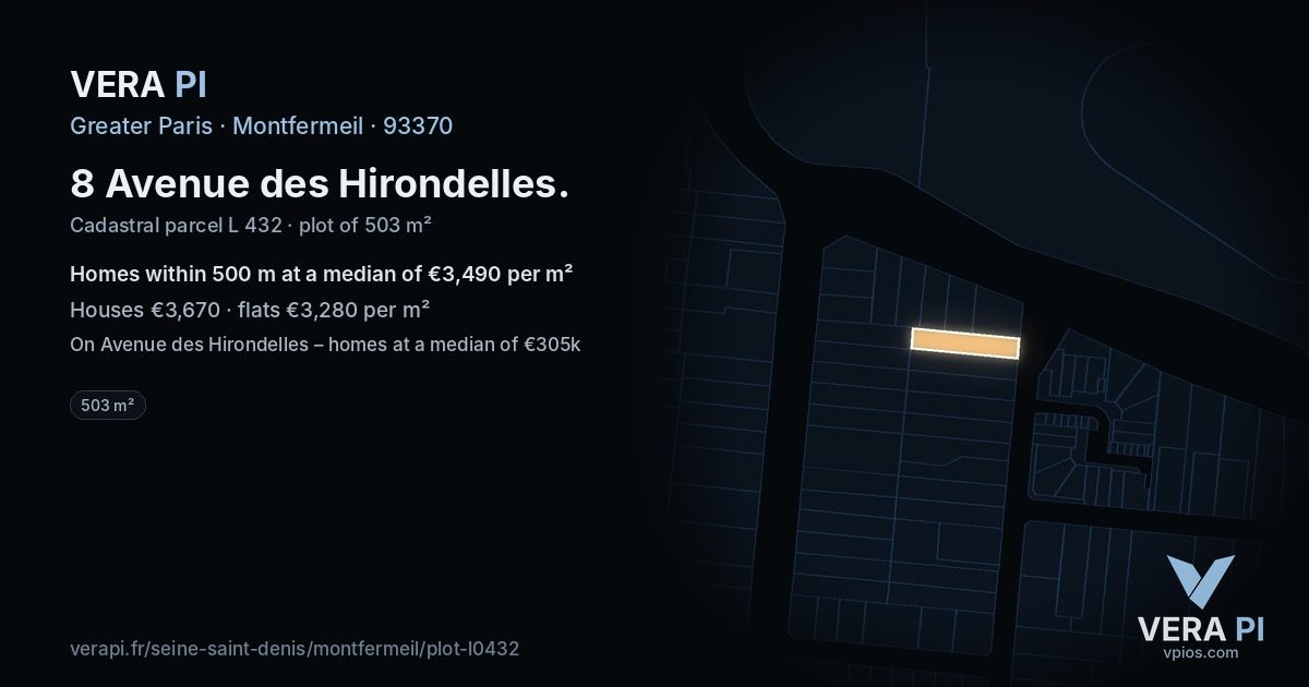 8 Avenue des Hirondelles, Montfermeil at night – the plot lit, the parcels around coloured by the prices near them