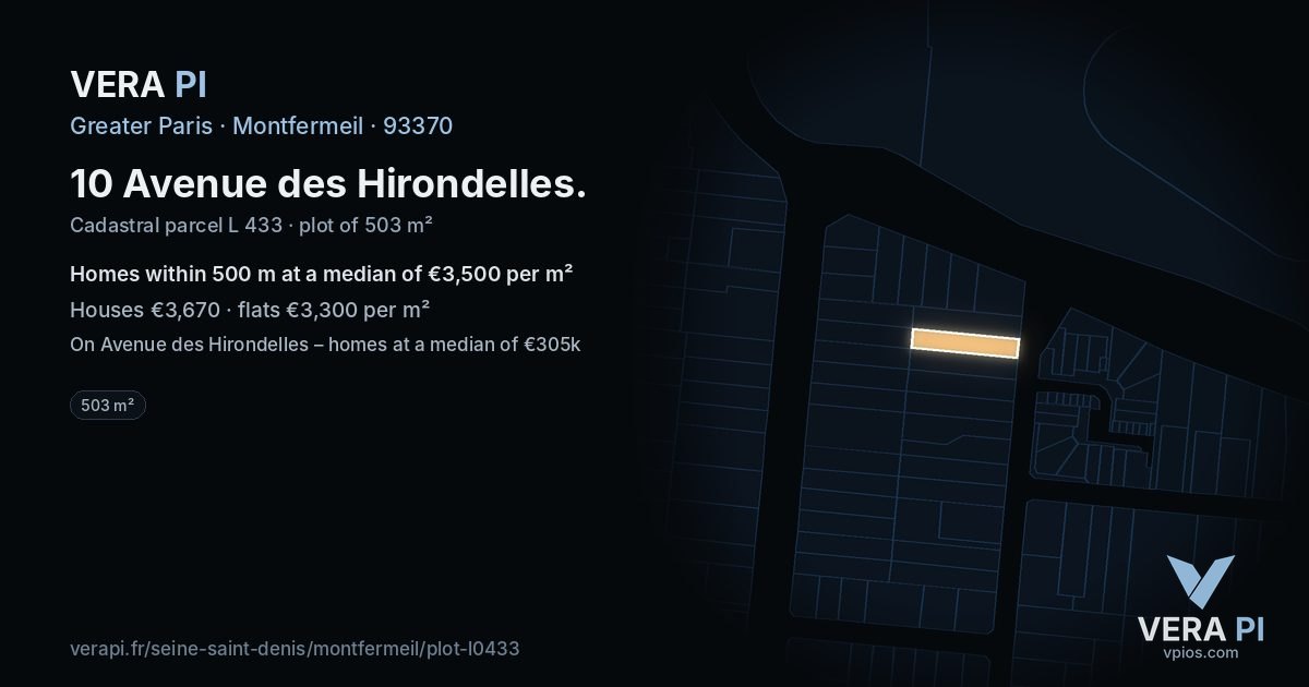10 Avenue des Hirondelles, Montfermeil at night – the plot lit, the parcels around coloured by the prices near them