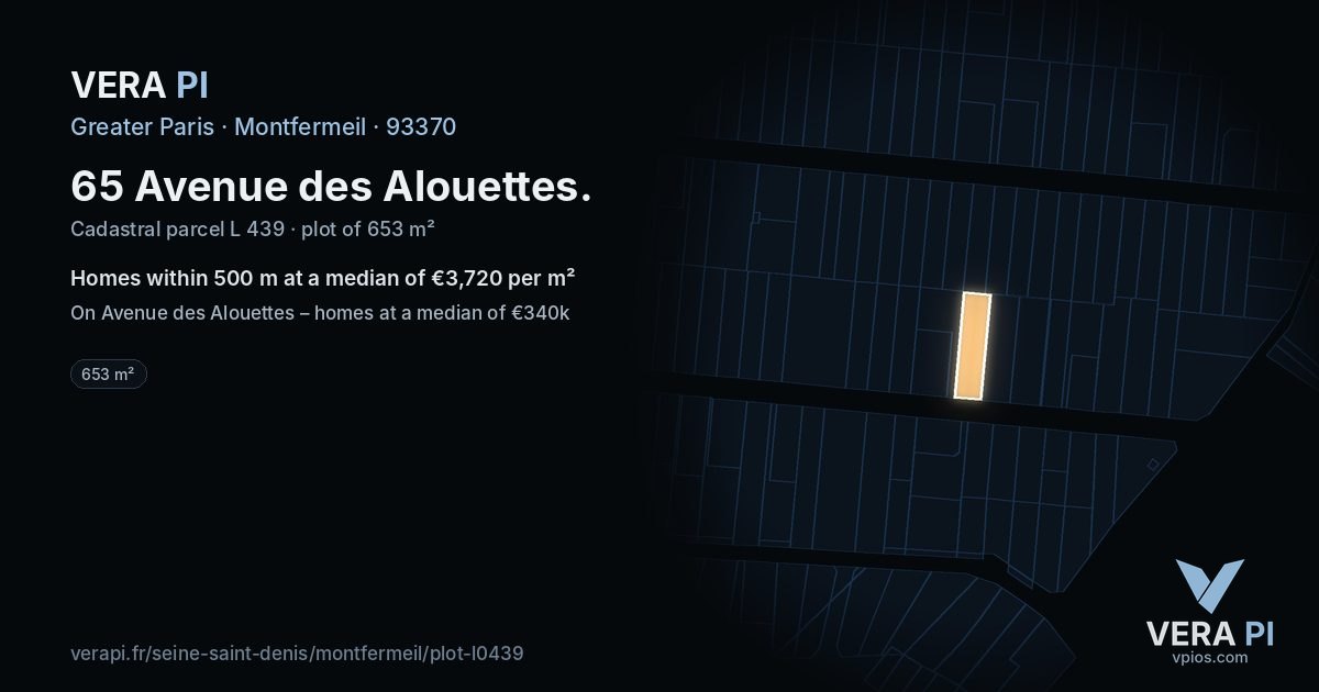 65 Avenue des Alouettes, Montfermeil at night – the plot lit, the parcels around coloured by the prices near them
