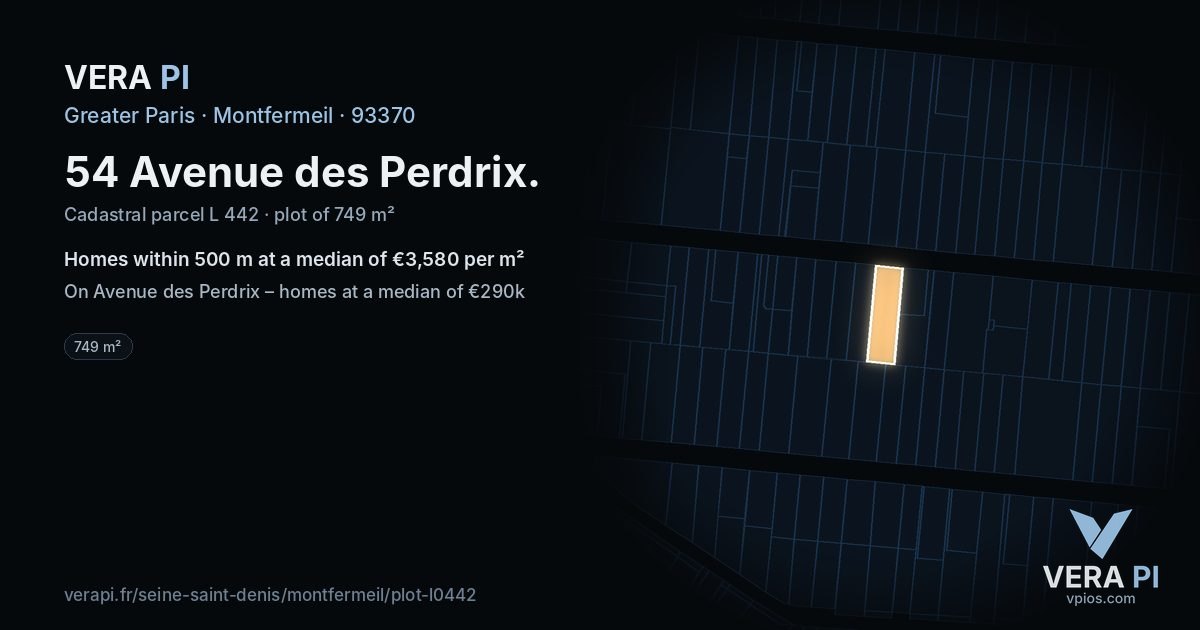 54 Avenue des Perdrix, Montfermeil at night – the plot lit, the parcels around coloured by the prices near them