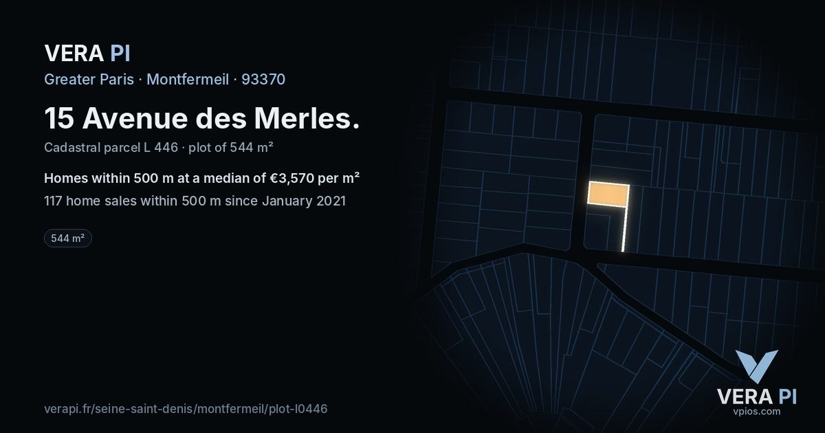 15 Avenue des Merles, Montfermeil at night – the plot lit, the parcels around coloured by the prices near them
