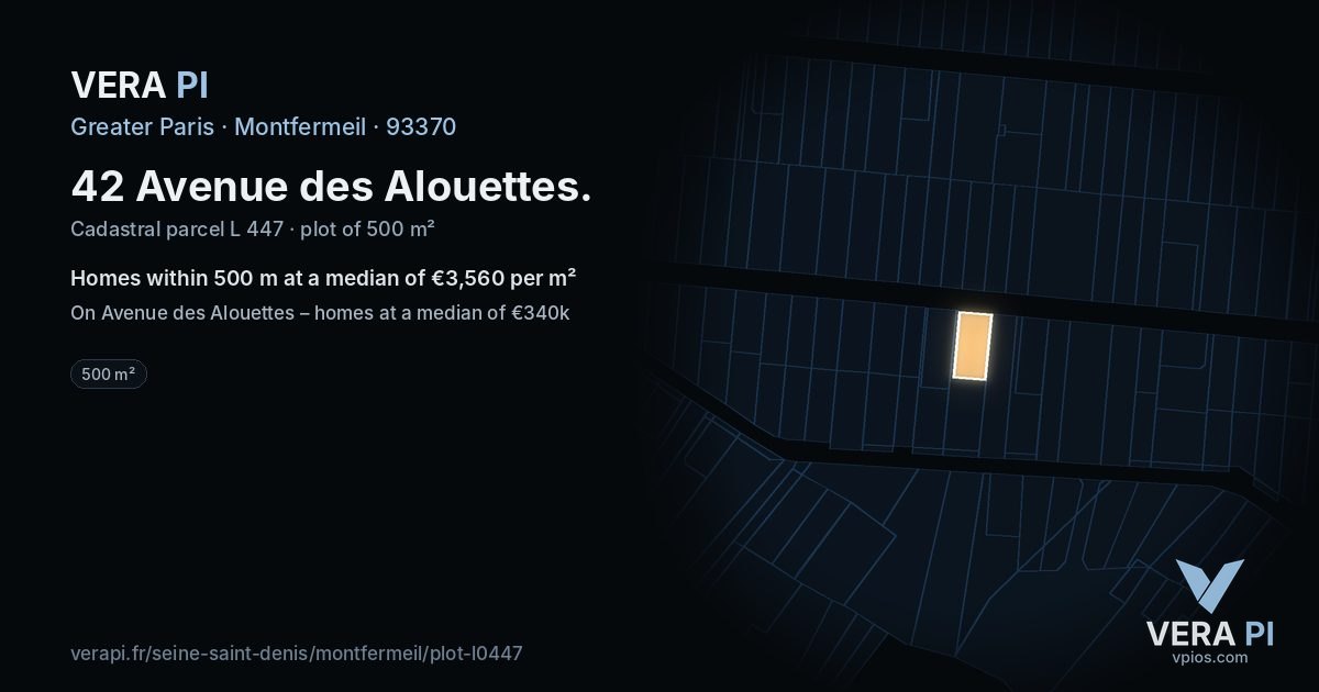 42 Avenue des Alouettes, Montfermeil at night – the plot lit, the parcels around coloured by the prices near them