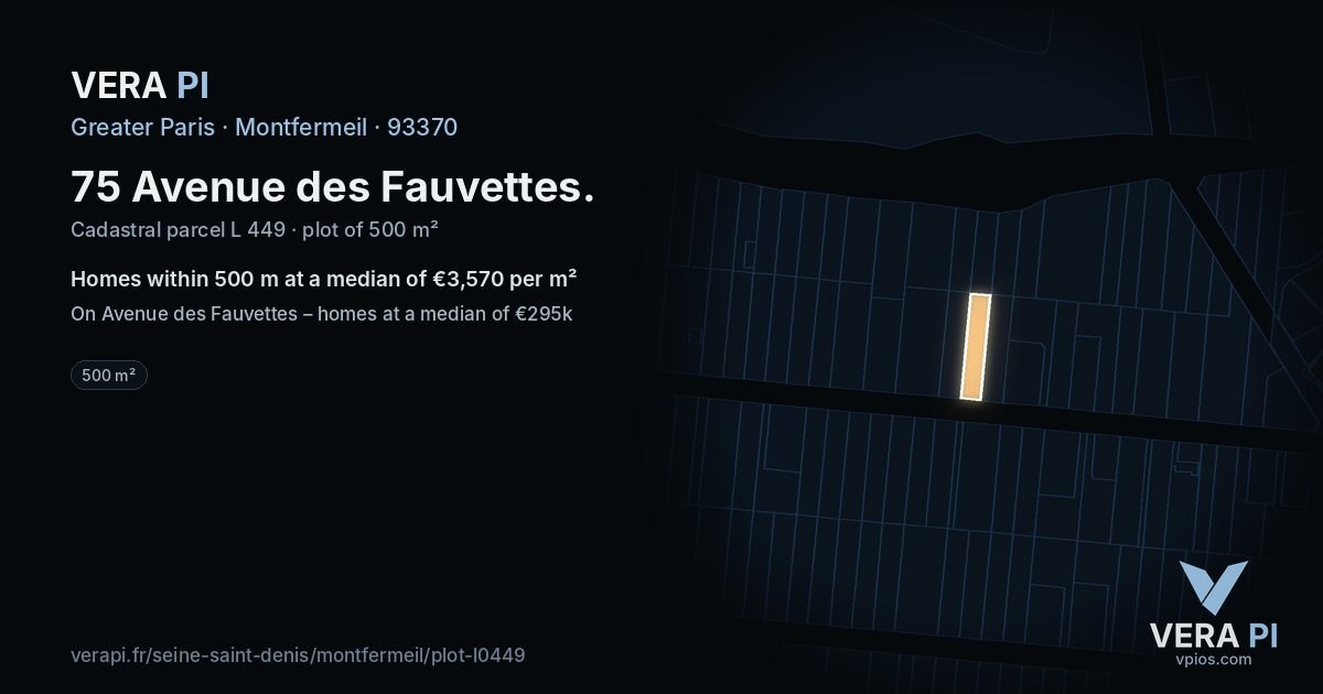 75 Avenue des Fauvettes, Montfermeil at night – the plot lit, the parcels around coloured by the prices near them