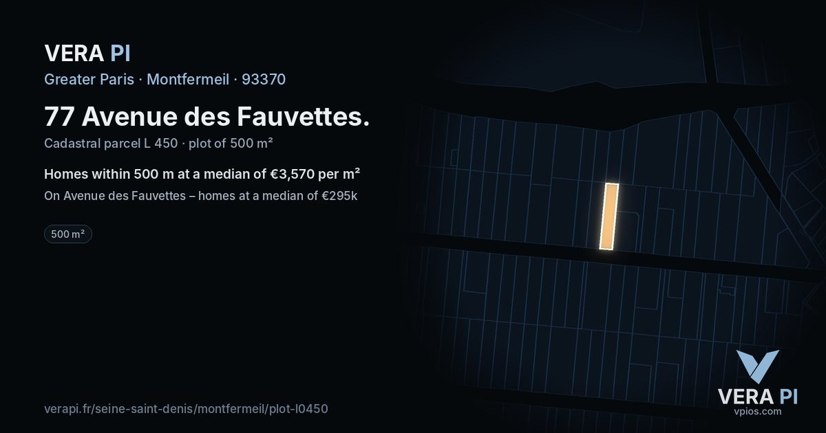 77 Avenue des Fauvettes, Montfermeil at night – the plot lit, the parcels around coloured by the prices near them