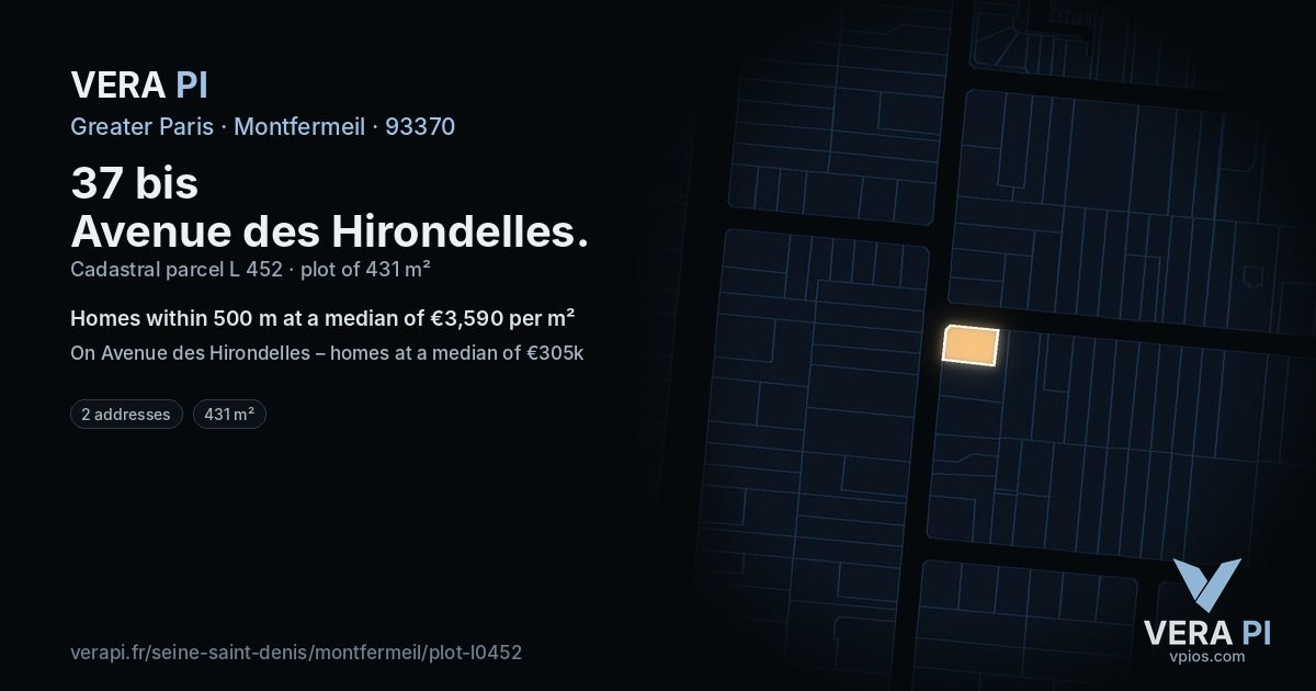 37 bis Avenue des Hirondelles, Montfermeil at night – the plot lit, the parcels around coloured by the prices near them