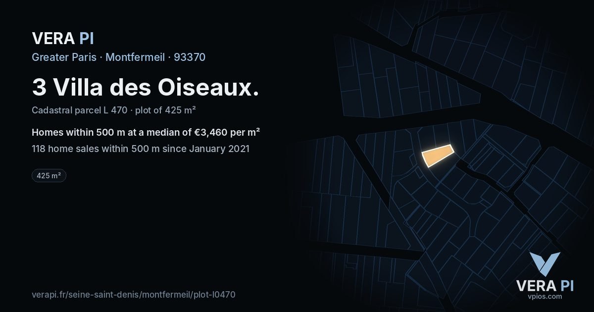 3 Villa des Oiseaux, Montfermeil at night – the plot lit, the parcels around coloured by the prices near them