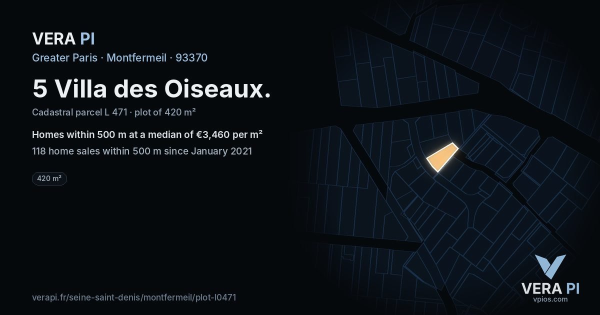 5 Villa des Oiseaux, Montfermeil at night – the plot lit, the parcels around coloured by the prices near them