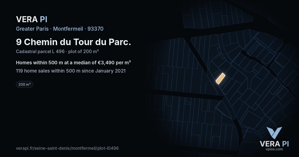 9 Chemin du Tour du Parc, Montfermeil at night – the plot lit, the parcels around coloured by the prices near them
