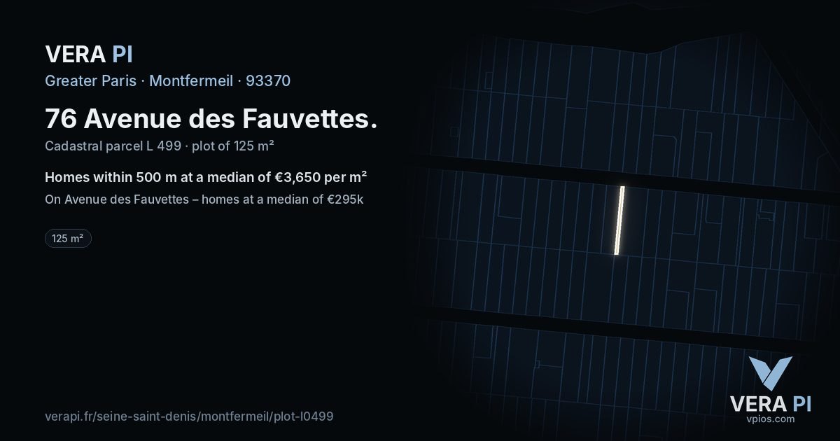 76 Avenue des Fauvettes, Montfermeil at night – the plot lit, the parcels around coloured by the prices near them