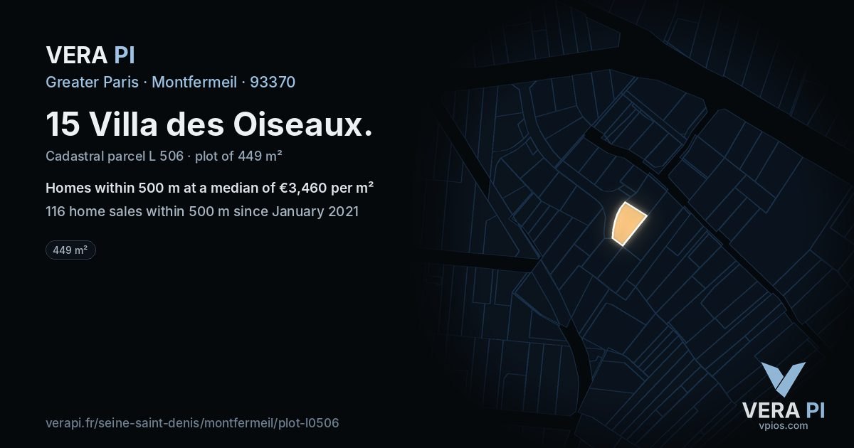 15 Villa des Oiseaux, Montfermeil at night – the plot lit, the parcels around coloured by the prices near them