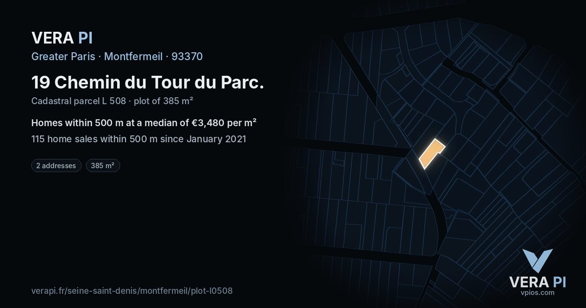 19 Chemin du Tour du Parc, Montfermeil at night – the plot lit, the parcels around coloured by the prices near them