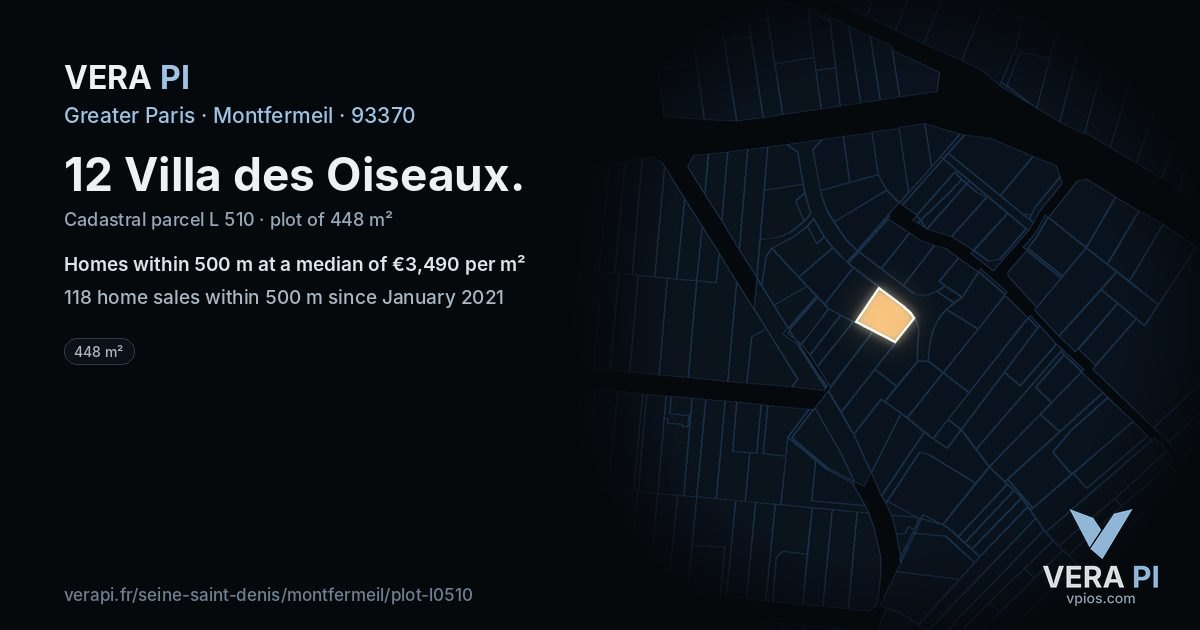 12 Villa des Oiseaux, Montfermeil at night – the plot lit, the parcels around coloured by the prices near them