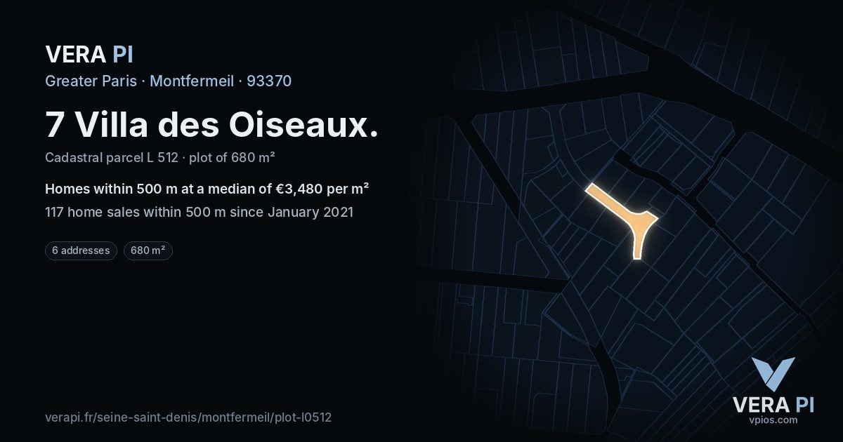 7 Villa des Oiseaux, Montfermeil at night – the plot lit, the parcels around coloured by the prices near them
