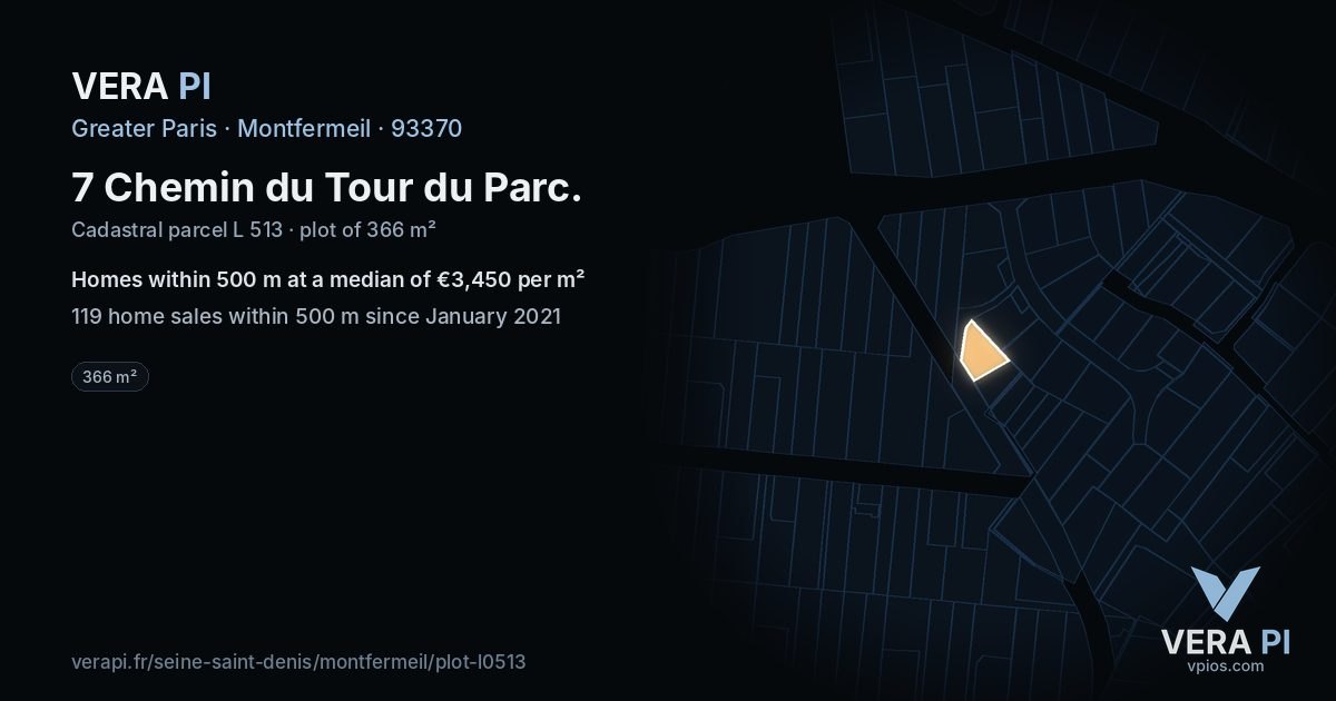 7 Chemin du Tour du Parc, Montfermeil at night – the plot lit, the parcels around coloured by the prices near them