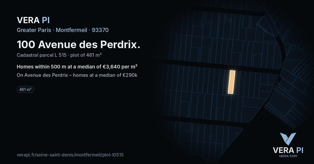 100 Avenue des Perdrix, Montfermeil at night – the plot lit, the parcels around coloured by the prices near them