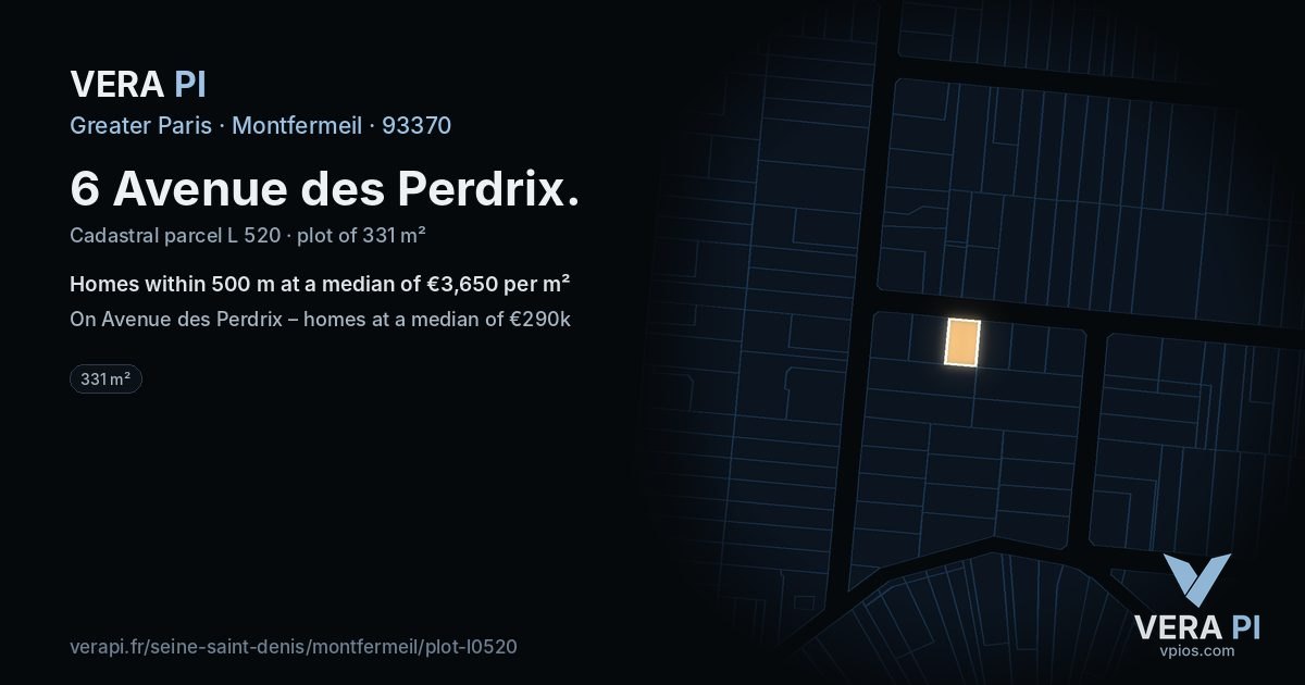 6 Avenue des Perdrix, Montfermeil at night – the plot lit, the parcels around coloured by the prices near them