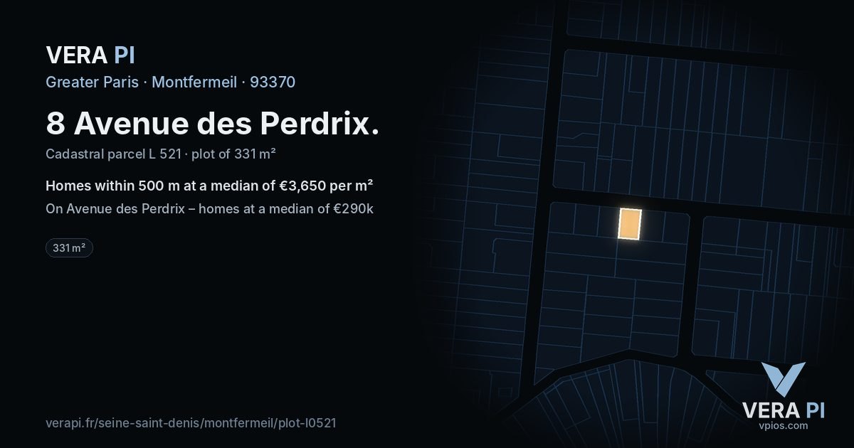 8 Avenue des Perdrix, Montfermeil at night – the plot lit, the parcels around coloured by the prices near them