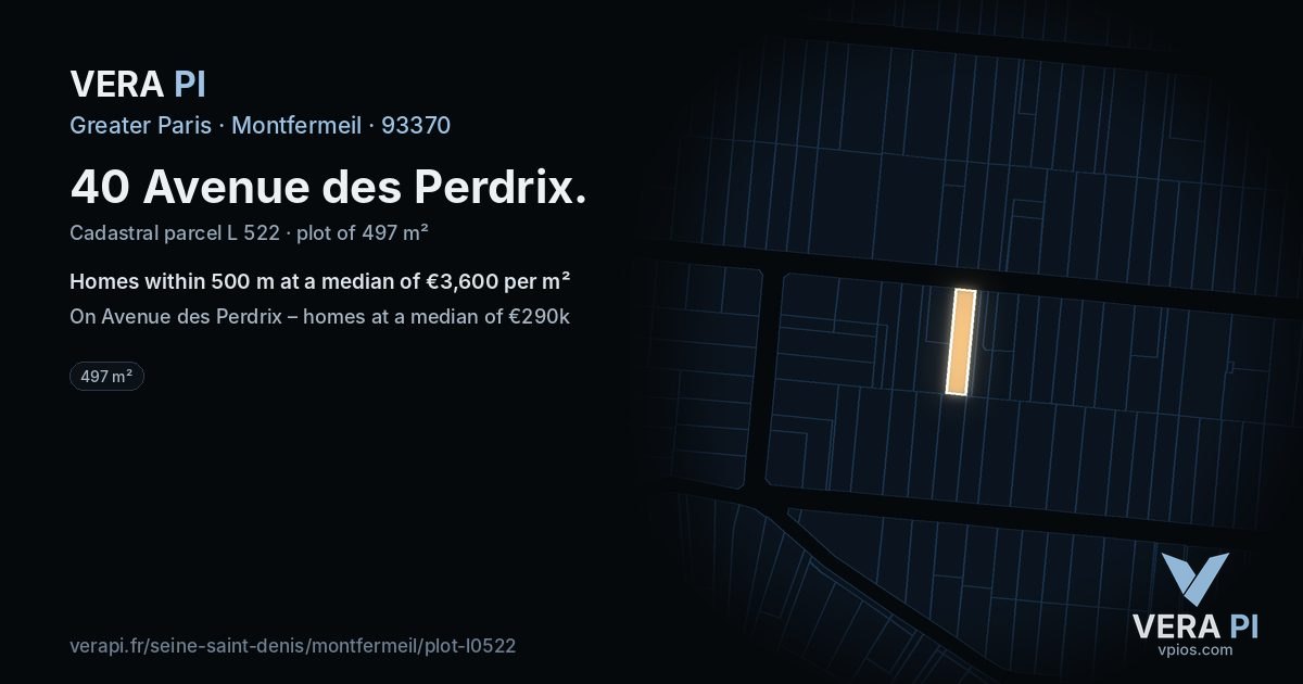 40 Avenue des Perdrix, Montfermeil at night – the plot lit, the parcels around coloured by the prices near them