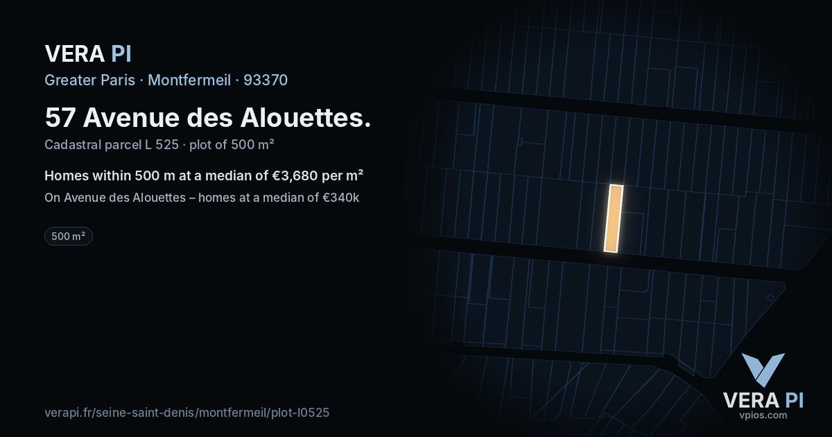 57 Avenue des Alouettes, Montfermeil at night – the plot lit, the parcels around coloured by the prices near them