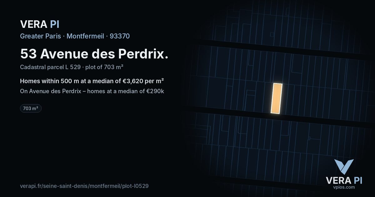 53 Avenue des Perdrix, Montfermeil at night – the plot lit, the parcels around coloured by the prices near them