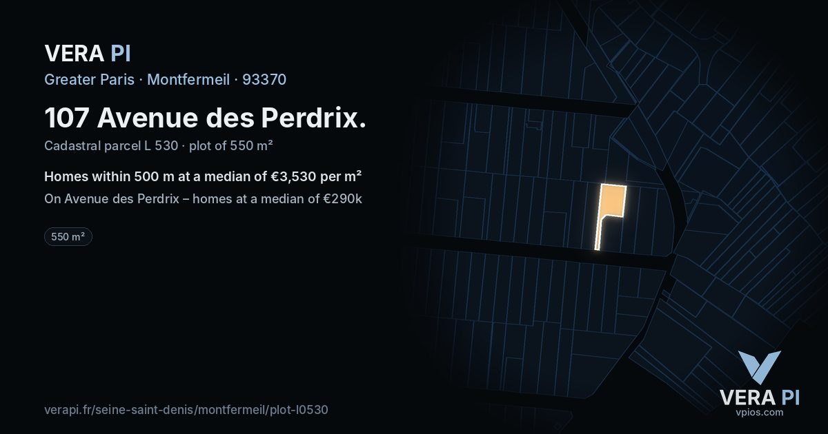 107 Avenue des Perdrix, Montfermeil at night – the plot lit, the parcels around coloured by the prices near them