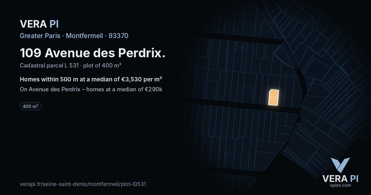 109 Avenue des Perdrix, Montfermeil at night – the plot lit, the parcels around coloured by the prices near them