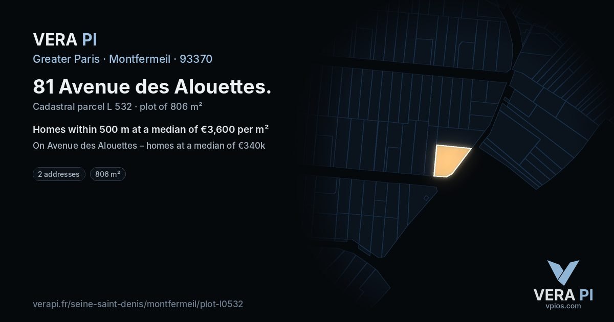 81 Avenue des Alouettes, Montfermeil at night – the plot lit, the parcels around coloured by the prices near them
